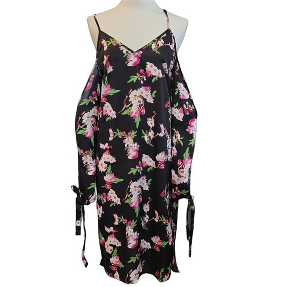 Womens Fliral Black long sleeeve Cold Shoulder Dress Sz 8 - Picture 2 of 8